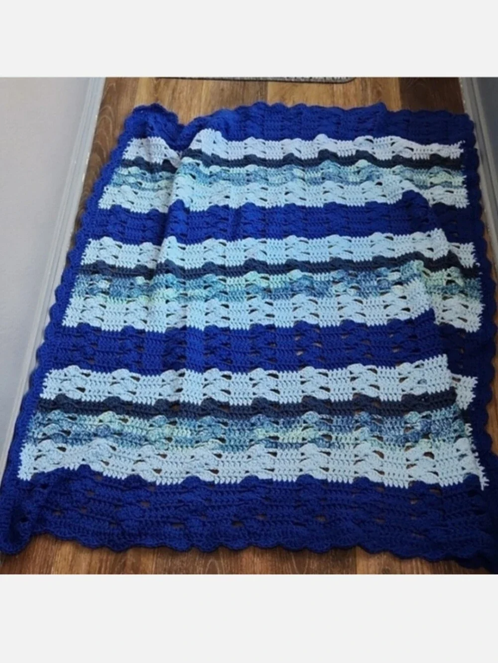 Knitted Crocheted Throw Blanket Blue Stripes